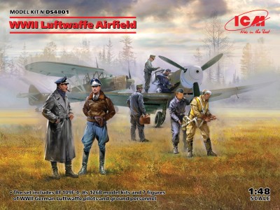ICM DS4801 1:48 WWII Luftwaffe Airfield  Messerschmitt Bf 109F-4, Hs 126 B-1, German Luftwaffe Pilots and Ground Personnel (7 figures)