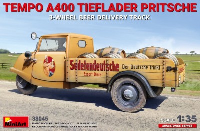 MINIART 38045 1:35 Tempo A400 Tieflader Pritsche - 3-Wheel Beer Delivery Track